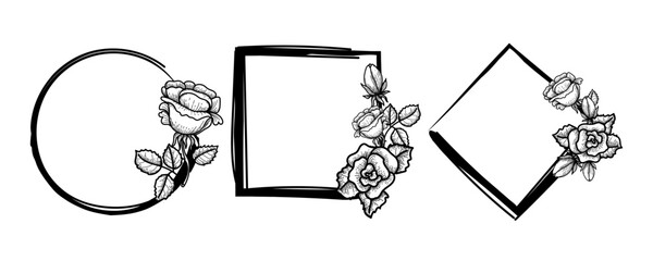 Hand-drawn rose in doodle style. Set of frames with roses. Flowers. Symbol. Valentine's Day. Vector image of roses on white background.