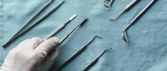 Hand of dentist with set of tools on fabric