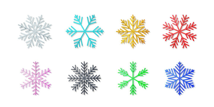 Original colorful snowflakes shapes set isolated on white background. Festival ornate decoration for christmass, new year party, celebration. Silhouette of frozen ice flake icons. Vector illustration