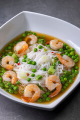 soup with shrimps, vegetables and rice nooodles