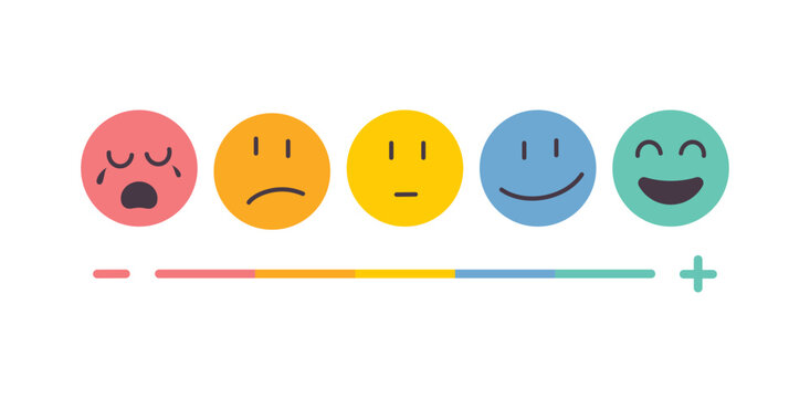 Emotions scale. Emoticon Rating feedback scale. Emotion rating feedback opinion positive or negative.