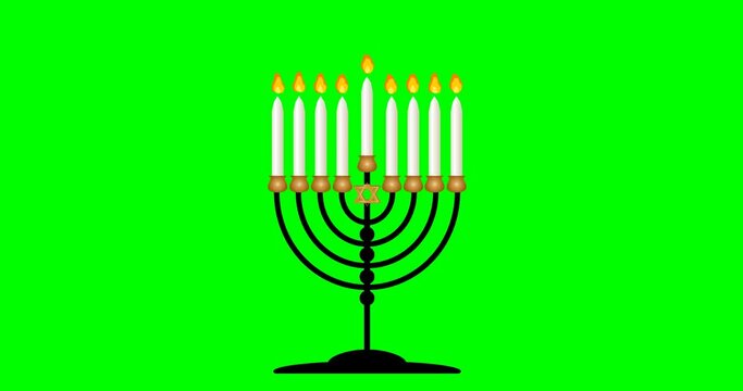 Traditional Jewish Holiday Hanukkah. Hanukkah menorah (Traditional Candelabra). Animation of a burning flame of candles. Hanukkah candlestick with nine candle on green screen. 4k graphic motion