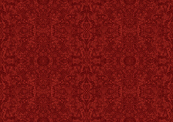 Hand-drawn unique abstract symmetrical seamless ornament. Bright red on a deep red background. Paper texture. Digital artwork, A4. (pattern: p06b)