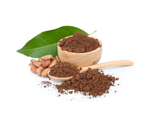 Cocoa Powder, in a cup and a wooden spoon, cocoa beans, on a white background.