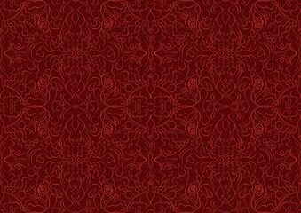 Hand-drawn unique abstract symmetrical seamless ornament. Bright red on a deep red background. Paper texture. Digital artwork, A4. (pattern: p07-1b)