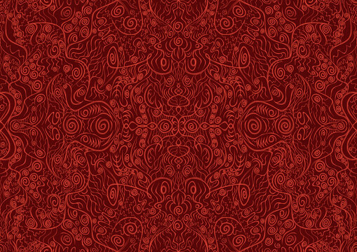 Hand-drawn unique abstract symmetrical seamless ornament. Bright red on a deep red background. Paper texture. Digital artwork, A4. (pattern: p06a)