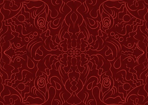 Hand-drawn unique abstract symmetrical seamless ornament. Bright red on a deep red background. Paper texture. Digital artwork, A4. (pattern: p07-1a)