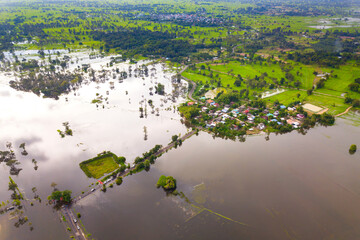 Top view Aerial photo from flying drone.Flooded rice paddies.Flooding the fields with water in which rice sown by natural calamity.Village view from above  graphics of agricultural plot  background.