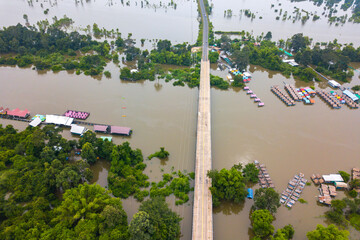 Top view Aerial photo from flying drone.Flooded rice paddies.Flooding the fields with water in...