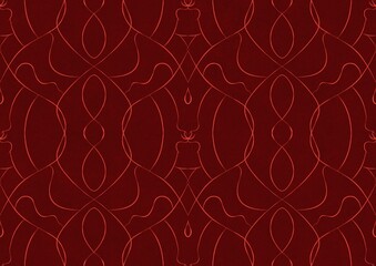 Hand-drawn unique abstract symmetrical seamless ornament. Bright red on a deep red background. Paper texture. Digital artwork, A4. (pattern: p08-1b)