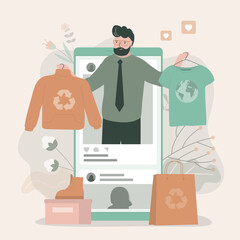 Influencer talks about eco fashion and recycled clothing. Fashion man in social network talking about zero waste, green lifestyle movement. Mobile phone with social media feed.