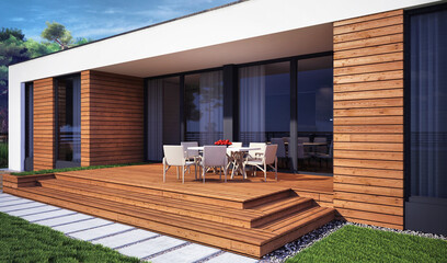 3D visualization of a modern house. House with a flat roof. Modern unique architecture