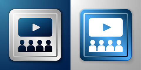 White Cinema auditorium with screen icon isolated on blue and grey background. Silver and blue square button. Vector
