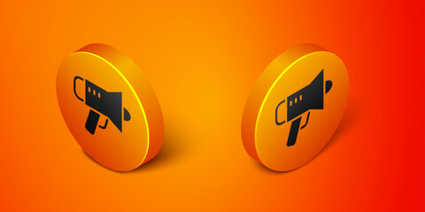 Isometric Megaphone icon isolated on orange background. Speaker sign. Orange circle button. Vector