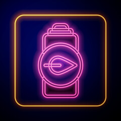 Glowing neon Eco nature leaf and battery icon isolated on black background. Energy based on ecology saving concept. Vector