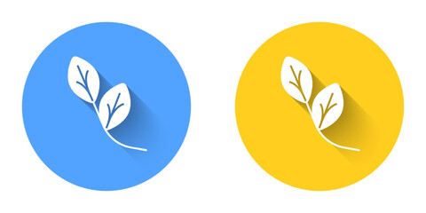 White Leaf icon isolated with long shadow background. Leaves sign. Fresh natural product symbol. Circle button. Vector