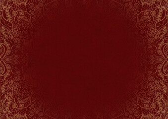 Deep red textured paper with vignette of golden hand-drawn pattern. Copy space. Digital artwork, A4. (pattern: p06a)