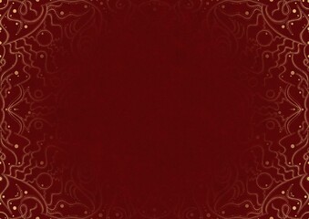 Deep red textured paper with vignette of golden hand-drawn pattern. Copy space. Digital artwork, A4. (pattern: p07-2a)