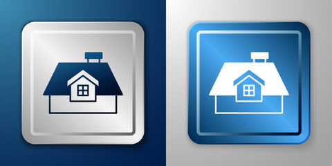 White House icon isolated on blue and grey background. Home symbol. Silver and blue square button. Vector