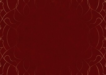 Deep red textured paper with vignette of golden hand-drawn pattern. Copy space. Digital artwork, A4. (pattern: p08-1b)