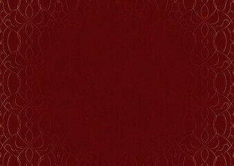 Deep red textured paper with vignette of golden hand-drawn pattern. Copy space. Digital artwork, A4. (pattern: p08-1c)