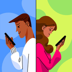 Man and Woman with dark brown skin using their smart phones from different places. Surfing feed, reading news or talking with eachother. Social distance communication concept. Vector flat illustration