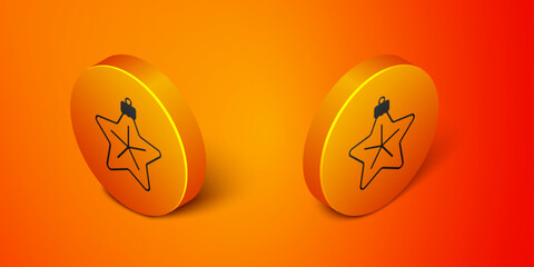 Isometric Christmas star icon isolated on orange background. Merry Christmas and Happy New Year. Orange circle button. Vector