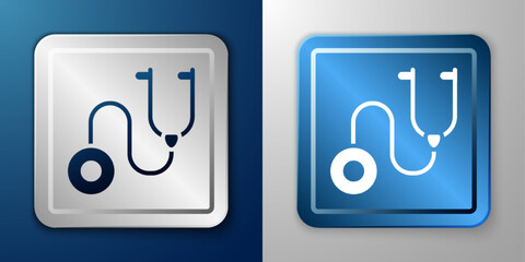 White Stethoscope medical instrument icon isolated on blue and grey background. Silver and blue square button. Vector