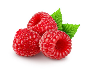 Group of three raspberries isolatied with leaves on white background