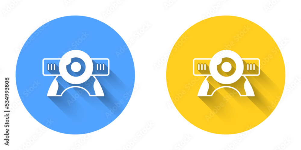 Poster white web camera icon isolated with long shadow background. chat camera. webcam icon. circle button.