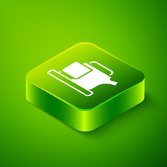 Isometric Traditional tea ceremony icon isolated on green background. Teapot with cup. Green square button. Vector