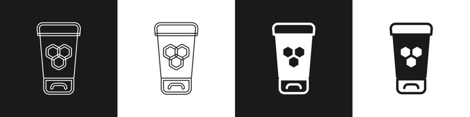 Set Cosmetic tube with honey icon isolated on black and white background. Natural skin care. Vector