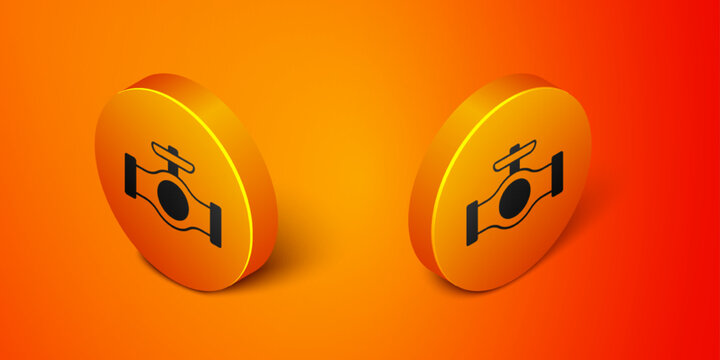 Isometric Oil pipe with valve icon isolated on orange background. Orange circle button. Vector