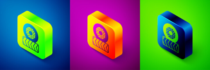 Isometric Car tire wheel icon isolated on blue, purple and green background. Square button. Vector