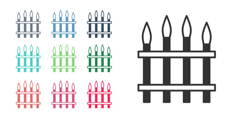 Black Classic iron fence with metal pillars icon isolated on white background. Ancient wrought iron fence. Set icons colorful. Vector