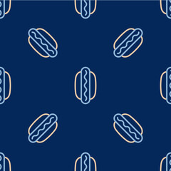 Line Hotdog sandwich with mustard icon isolated seamless pattern on blue background. Sausage icon. Fast food sign. Vector