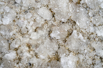 Evaporation of sea water in a puddle and formation of salt crystals close