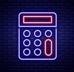 Glowing neon line Calculator icon isolated on brick wall background. Accounting symbol. Business calculations mathematics education and finance. Colorful outline concept. Vector