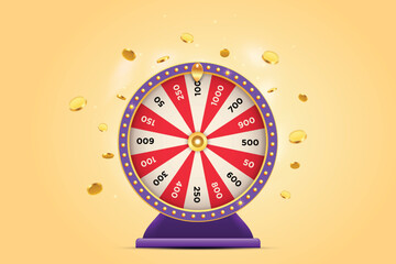 Vector illustration of purple spinning fortune wheel with golden flying coins on yellow background. Realistic 3d lucky roulette. - obrazy, fototapety, plakaty