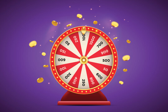 Vector illustration of red spinning fortune wheel with golden flying coins on purple background. Realistic 3d lucky roulette.