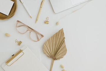 Flatlay blank copy space. Clipboard, tan fan leaf, glasses, clips on white background. Home office...