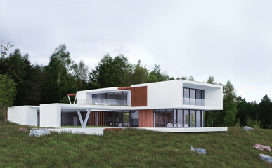 3D visualization of a modern house. House with a flat roof. Modern unique architecture