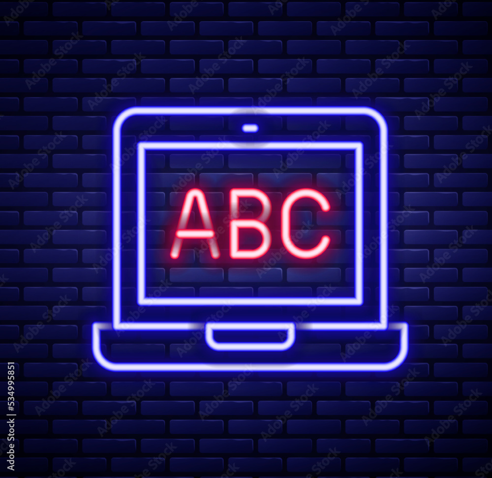 Poster glowing neon line laptop icon isolated on brick wall background. computer notebook with empty screen