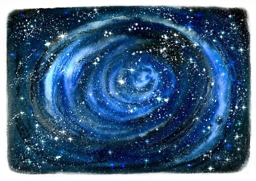 Abstract background of the night sky with stars, drawing with traditional materials in watercolor and pastel. Watercolor image of space and milky way.