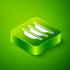 Isometric Washing dishes icon isolated on green background. Cleaning dishes icon. Dishwasher sign. Clean tableware sign. Green square button. Vector