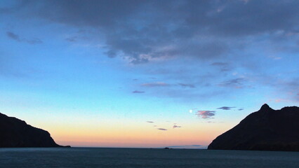 Sunset over the mountains near Fortuna Bay, South Georgia Island