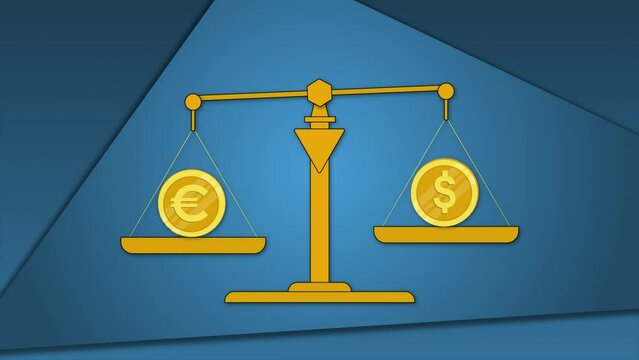 Euro and US Dollar on weight scale 2D animation. Fiat money symbols balancing on leverage. Finance, euro, forex, USD, fiat, inflation, economy, trading, price fluctuation.