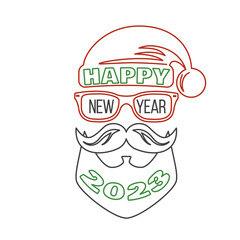 Happy New Year stamp, sticker set with Santa Claus. Vector illustration. Line art design for xmas, new year emblem in retro style. Happy 2023 New Year overlay.