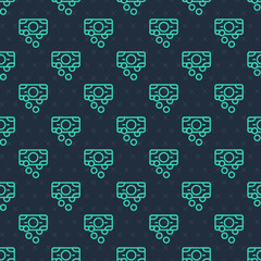 Green line Stacks paper money cash icon isolated seamless pattern on blue background. Money banknotes stacks. Bill currency. Vector