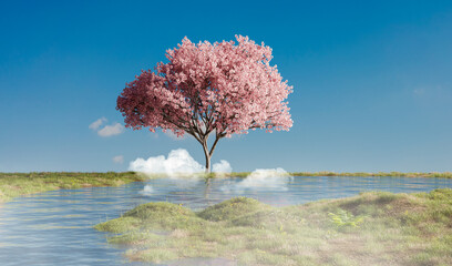 Naklejka na ściany i meble Abstract pink tree in wonderland, 3D illustrations rendering 